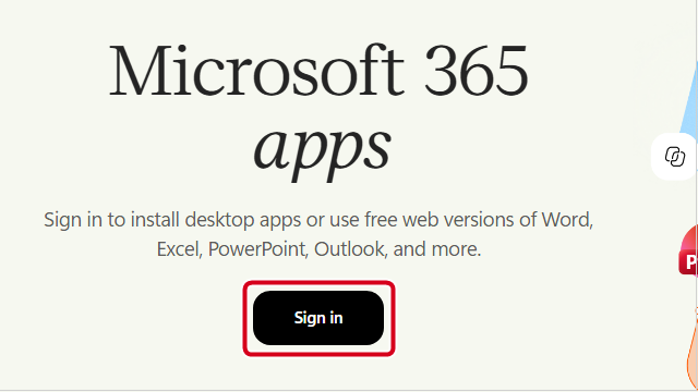 Microsoft 365 apps page with the Sign in button highlighted