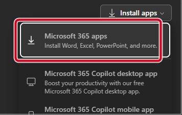 Install apps menu open with Microsoft 365 apps highlighted